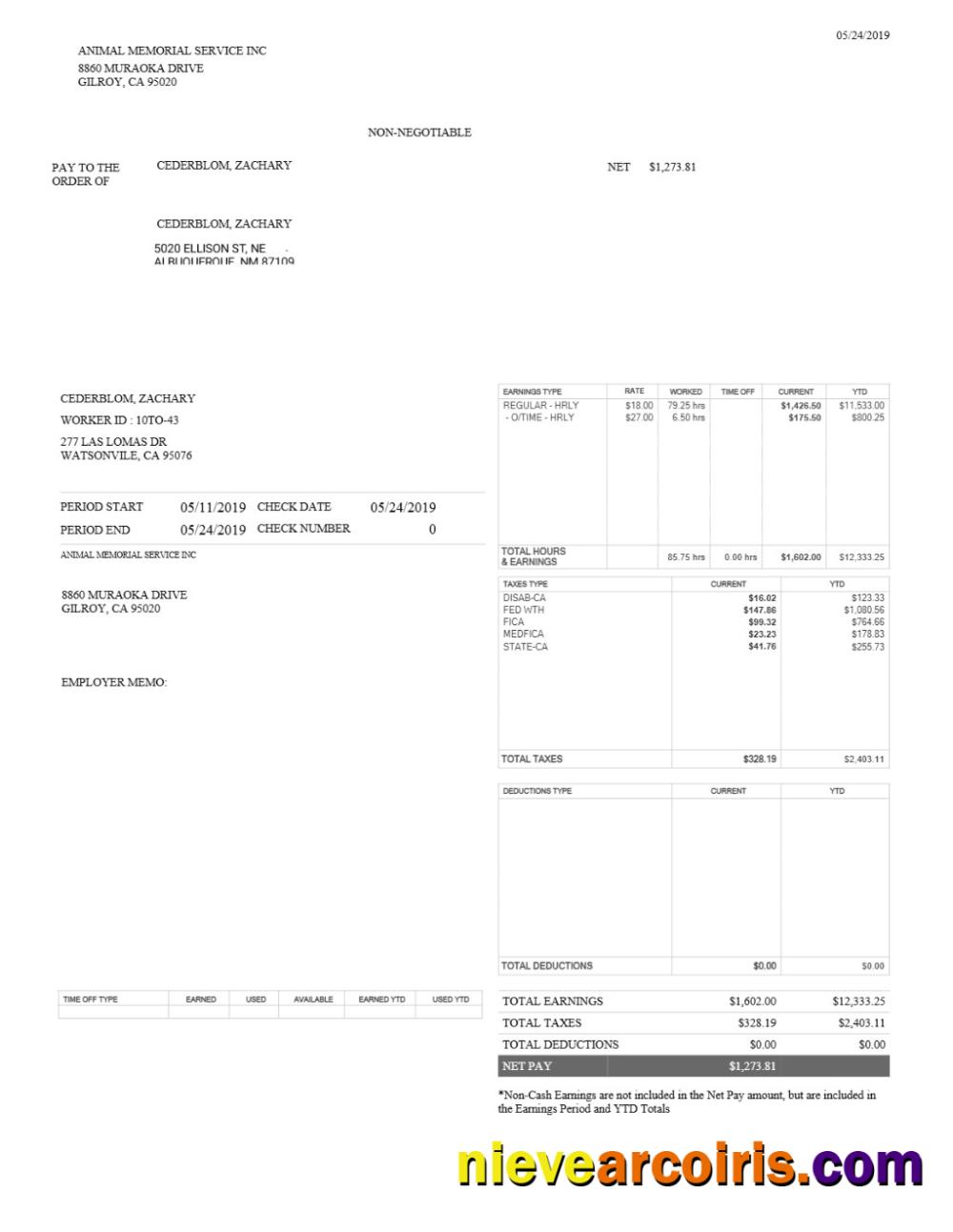 Animal Memorial Service INC pay stub